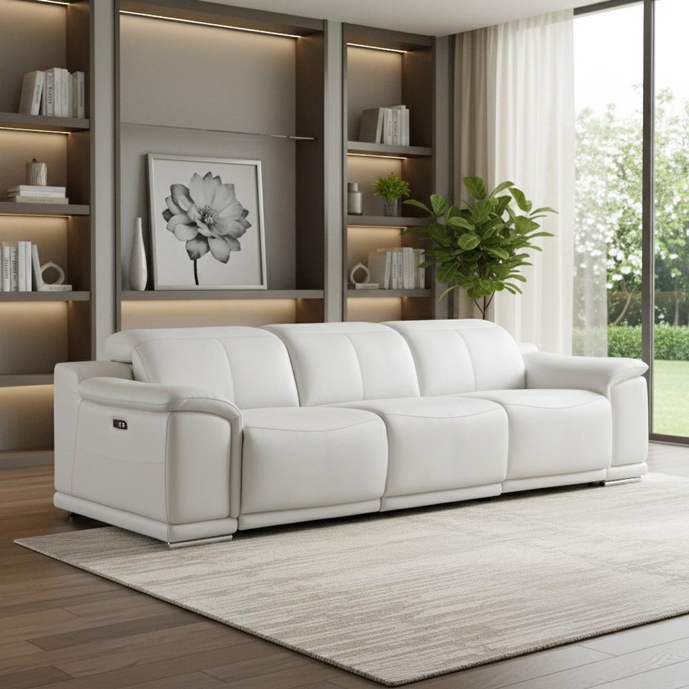107" Beige Top Grain Leather Reclining USB Sofa