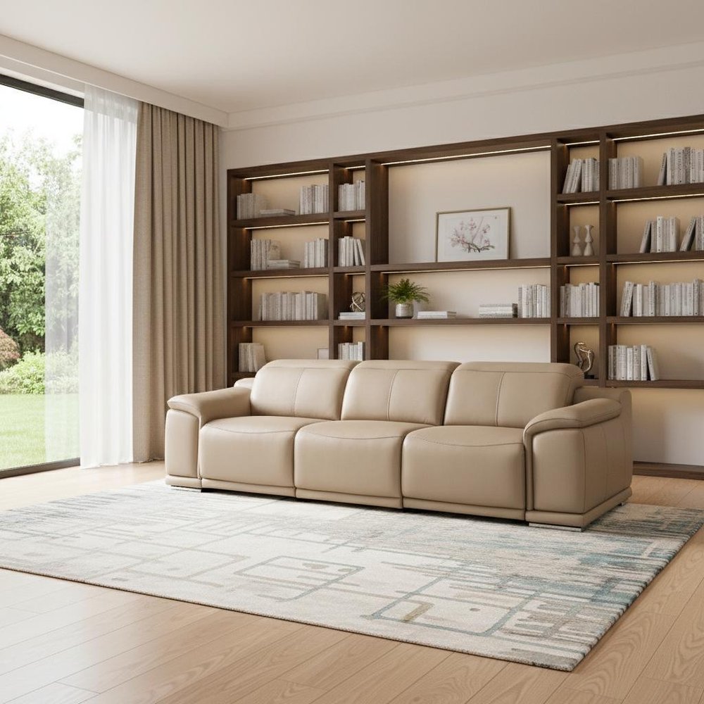 107" Beige Top Grain Leather Reclining USB Sofa
