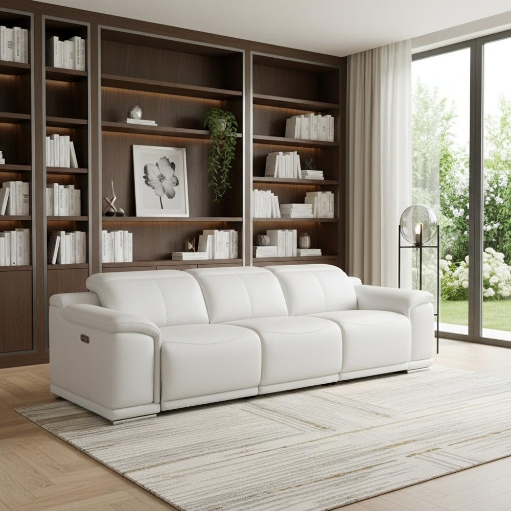 107" Beige Top Grain Leather Reclining USB Sofa