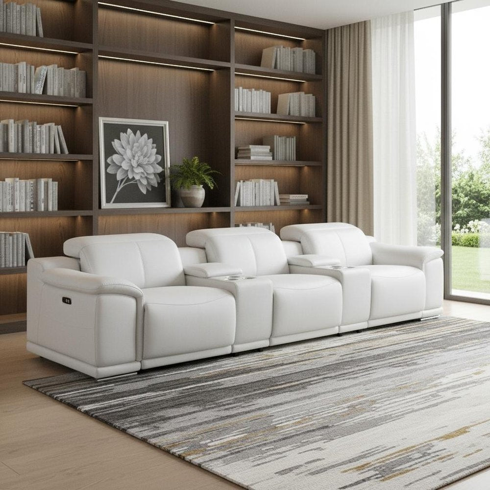 134" White Top Grain Leather Reclining USB Sofa And Storage