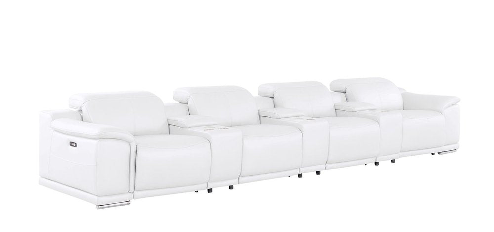 175" White Top Grain Leather Reclining USB Sofa And Storage
