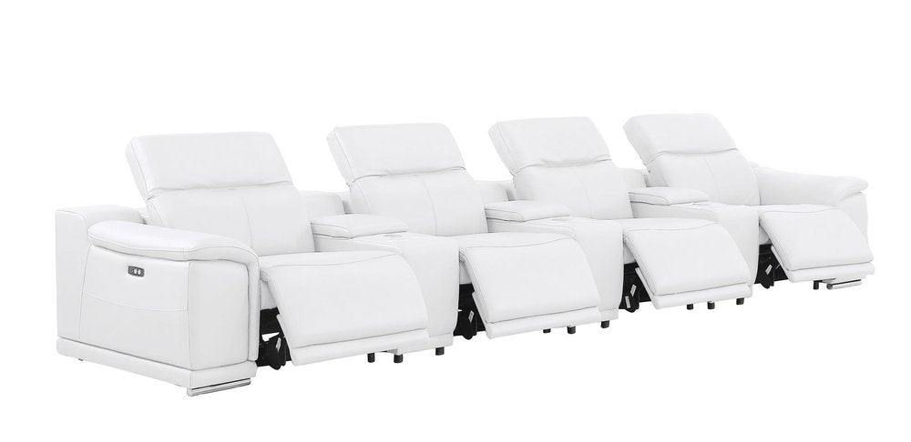 175" White Top Grain Leather Reclining USB Sofa And Storage