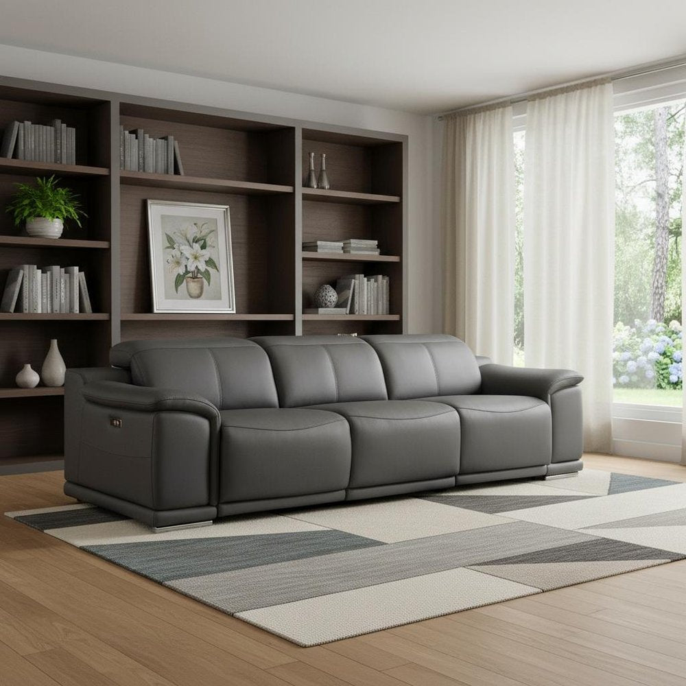 107" Beige Top Grain Leather Reclining USB Sofa