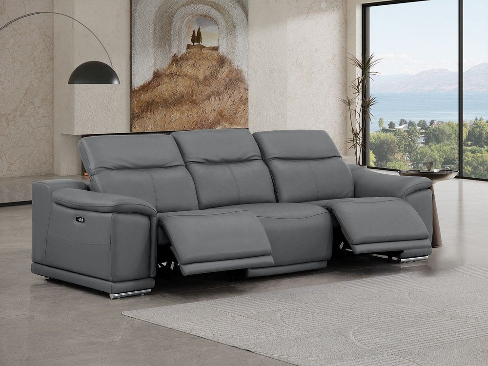 107" Beige Top Grain Leather Reclining USB Sofa