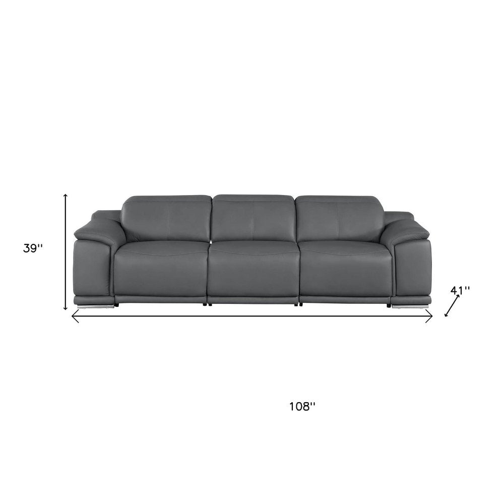 107" Beige Top Grain Leather Reclining USB Sofa