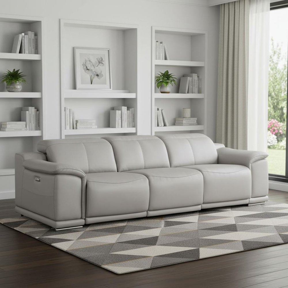 107" Beige Top Grain Leather Reclining USB Sofa