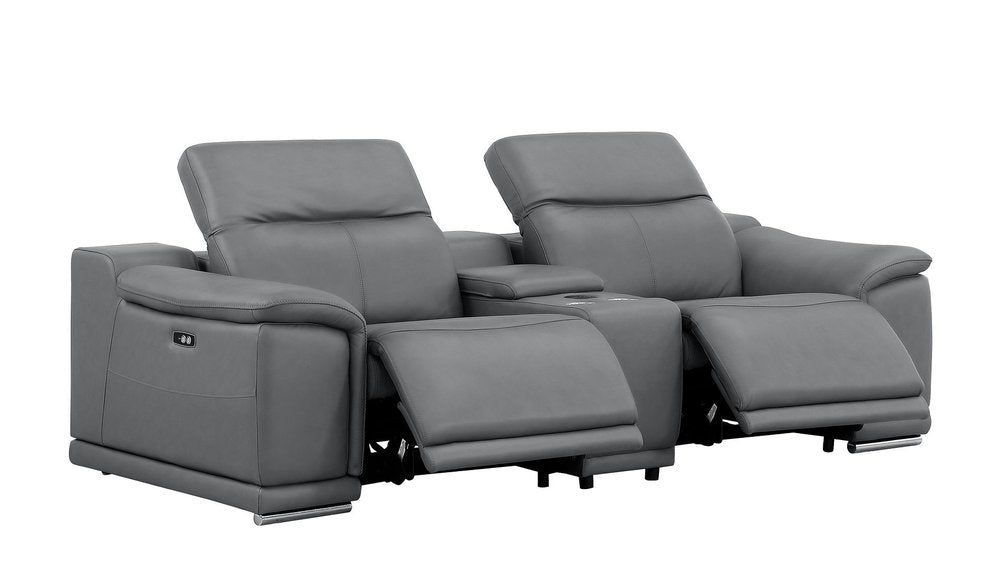 Three Piece Battleship Gray Genuine Leather Five Person Seating Set