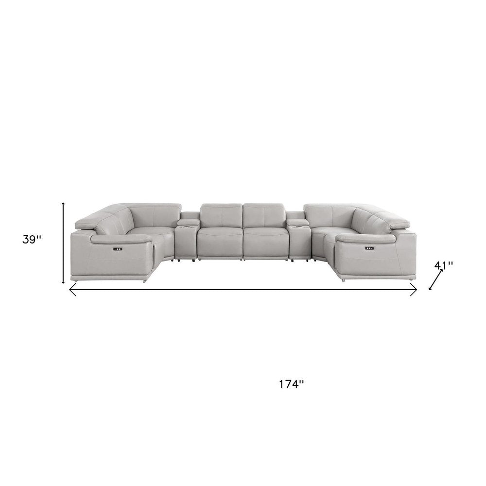 Ash Gray Leather Modular U Shaped Eight Piece Corner Sectional With Console