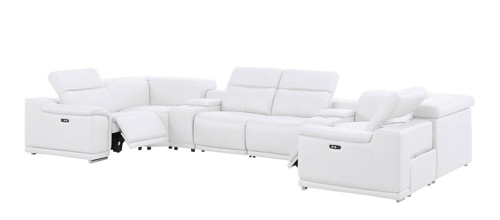 White Leather Modular U Shaped Eight Piece Corner Sectional With Console