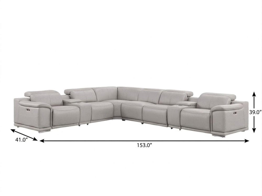 Ash Gray Leather Modular L Shaped Eight Piece Corner Sectional With Console