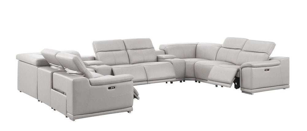 Ash Gray Leather Power Reclining U Shaped Ten Piece Corner Sectional With Console