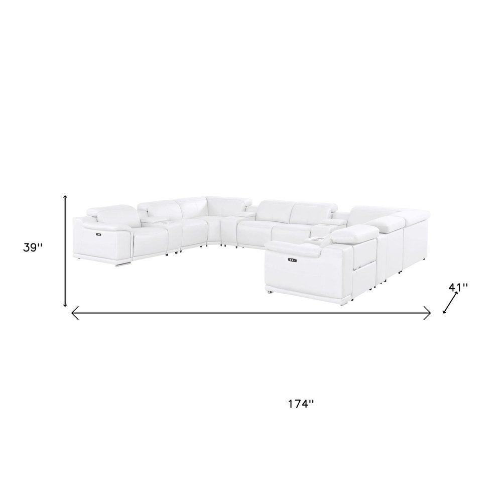 White Leather Power Reclining U Shaped Twelve Piece Corner Sectional With Console