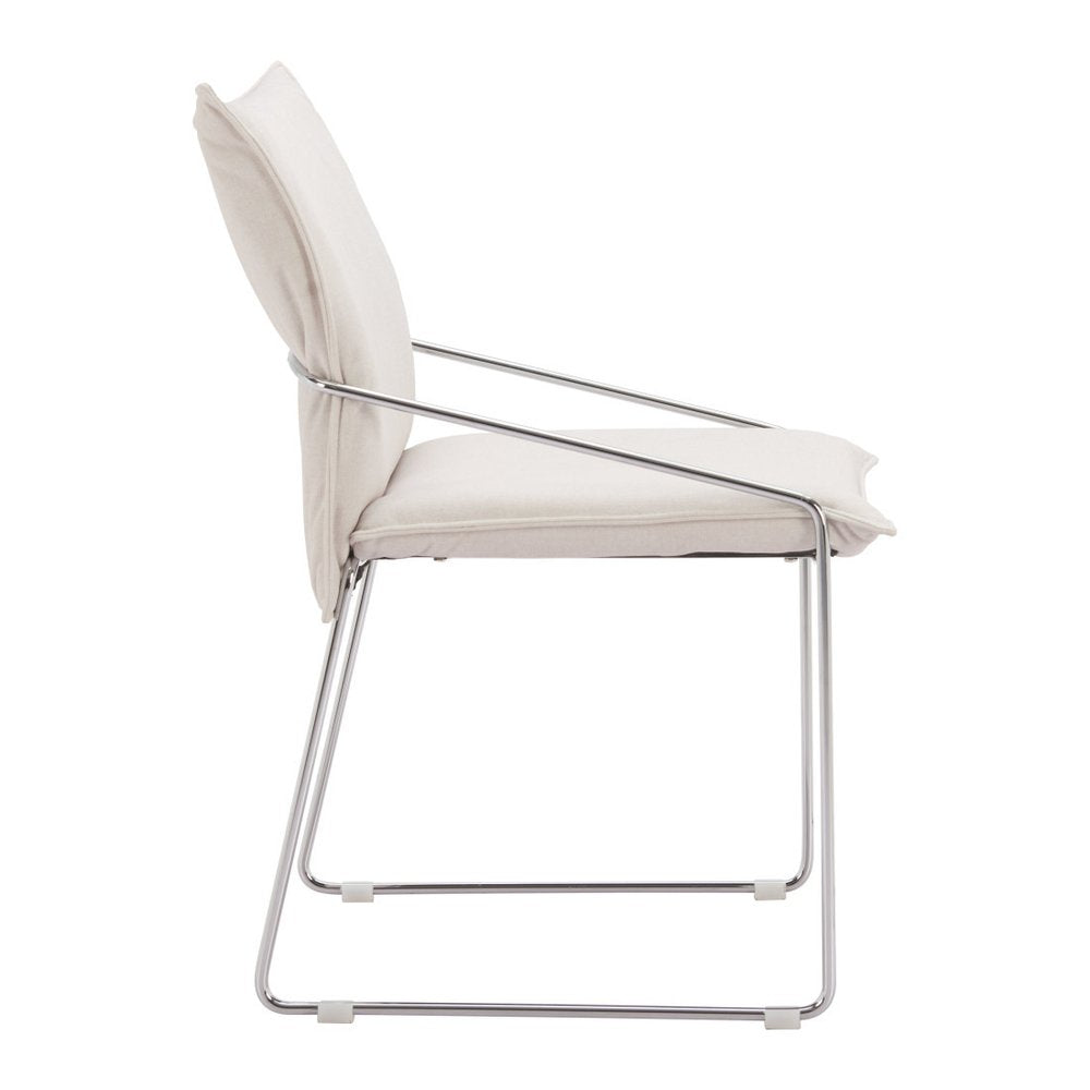 Set of Two White and Silver Upholstered Dining Arm Chairs