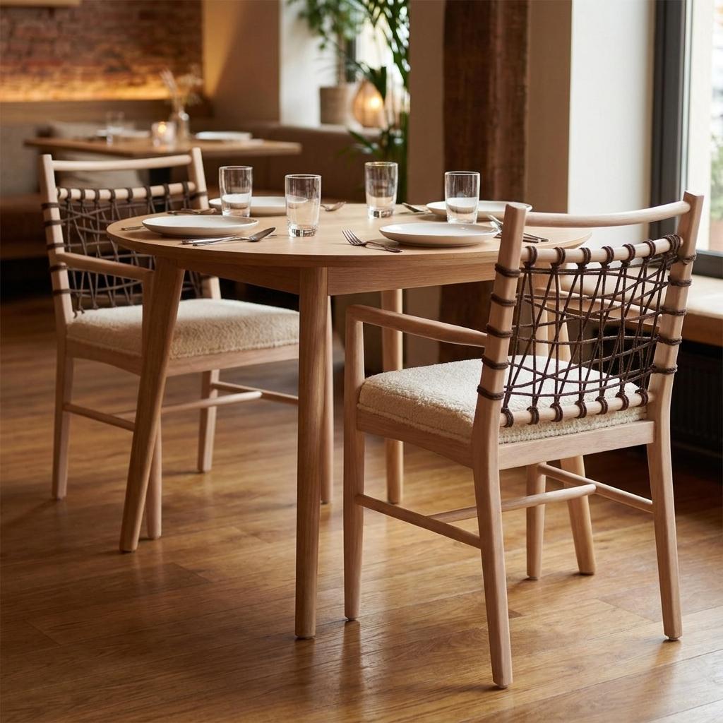 Set of Two Ivory And White Upholstered And Solid Wood Open Back Dining Arm Chairs