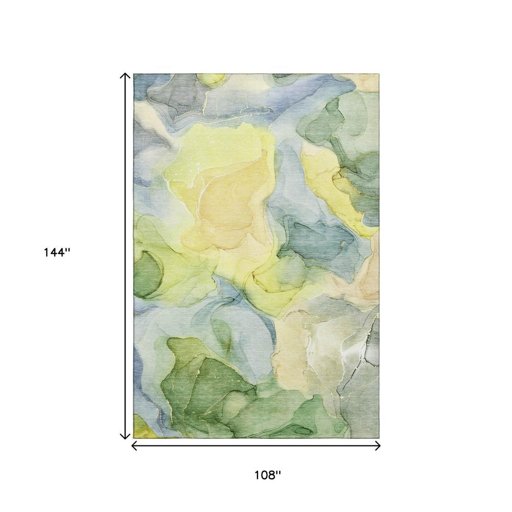 9' X 12' Yellow Blue And Beige Abstract Washable Area Rug With UV Protection