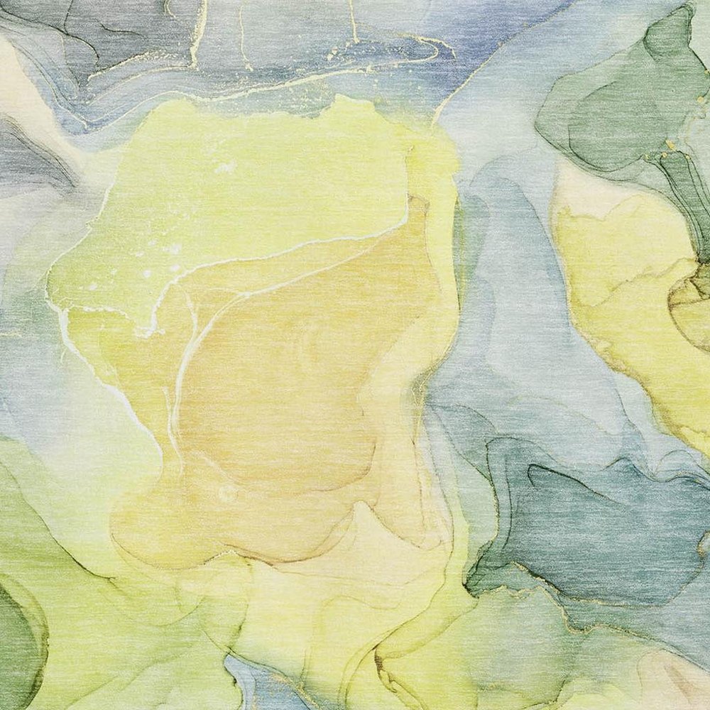 9' X 12' Yellow Blue And Beige Abstract Washable Area Rug With UV Protection