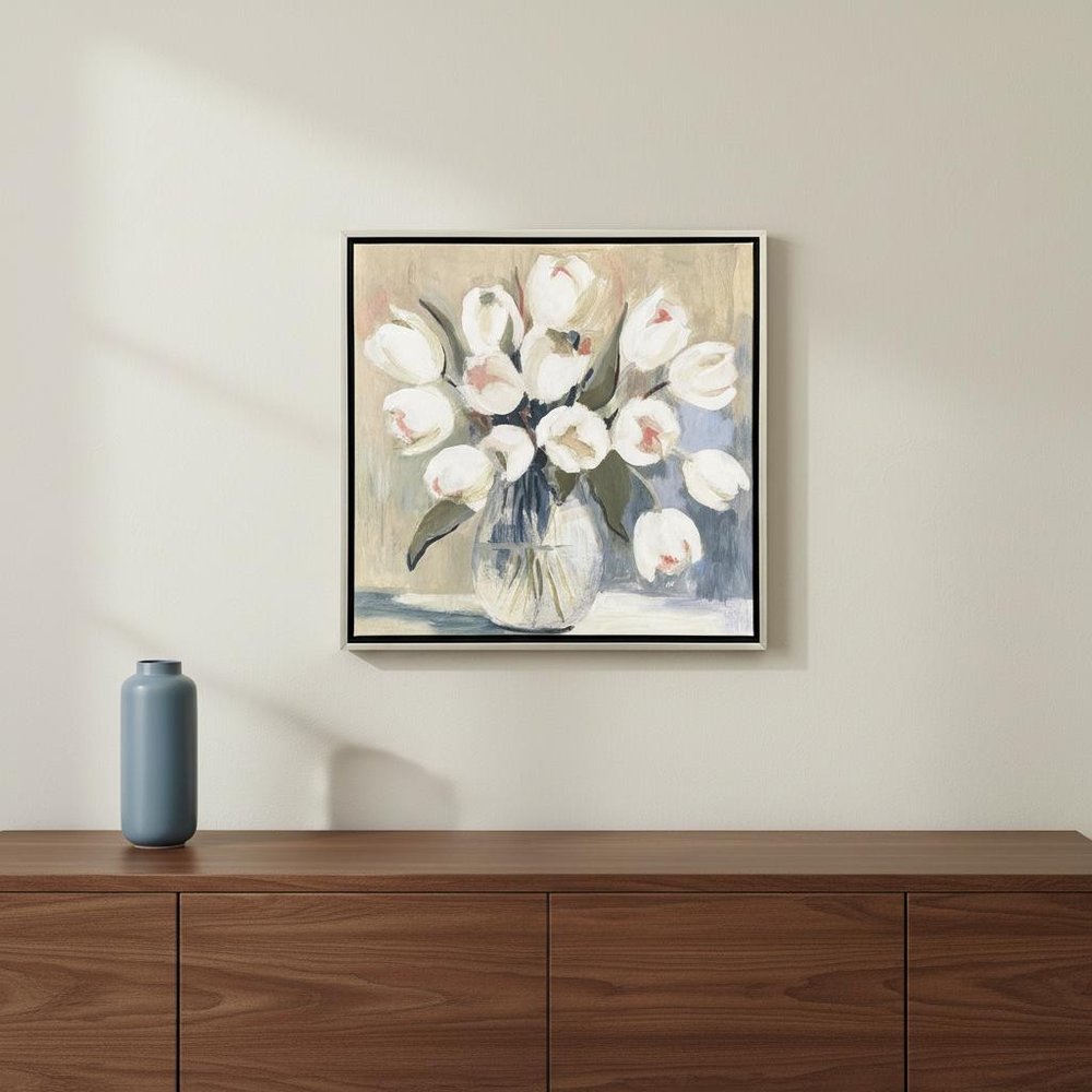 White Tulips Silver Floater Frame Wall Art