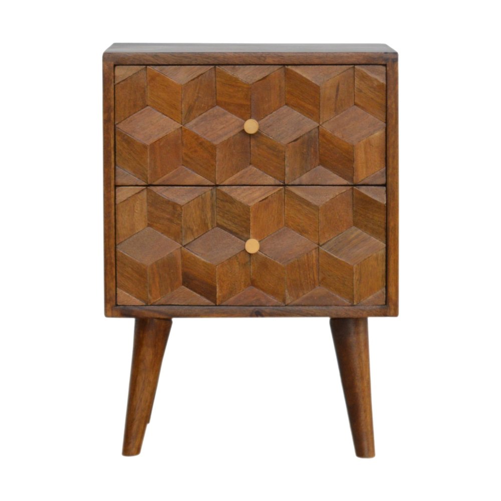 22" Chestnut Solid Wood Carved Geometric Two Drawer Nightstand