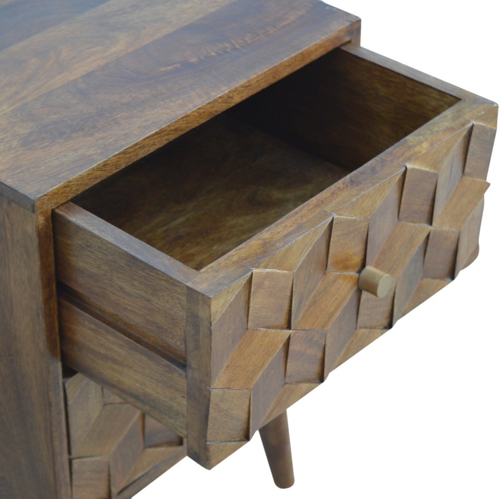 22" Chestnut Solid Wood Carved Geometric Two Drawer Nightstand