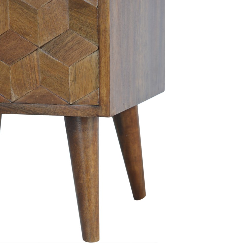 22" Chestnut Solid Wood Carved Geometric Two Drawer Nightstand
