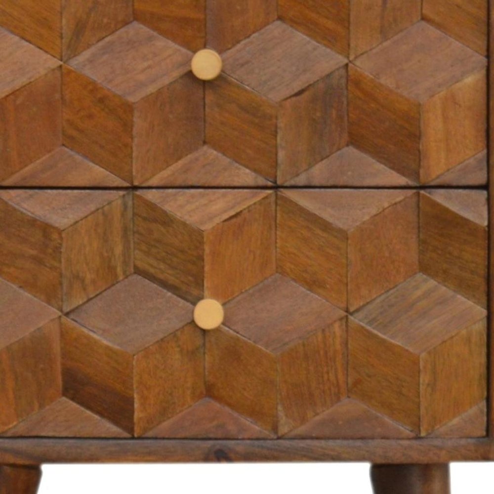 22" Chestnut Solid Wood Carved Geometric Two Drawer Nightstand