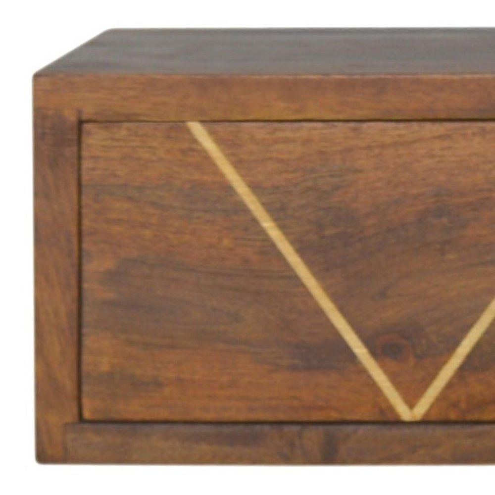 18" Brown Solid Wood Geometric Brass Inlay One Drawer Floating Nightstand