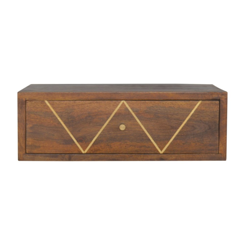 18" Brown Solid Wood Geometric Brass Inlay One Drawer Floating Nightstand