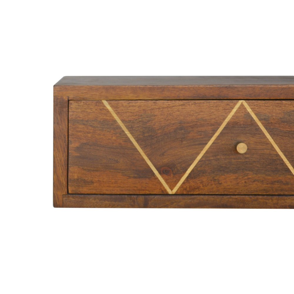 18" Brown Solid Wood Geometric Brass Inlay One Drawer Floating Nightstand
