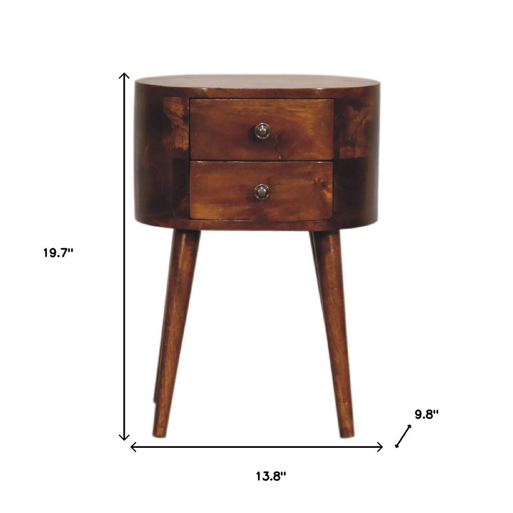 20" Brown Solid Wood Oval Distressed Two Drawer Nightstand