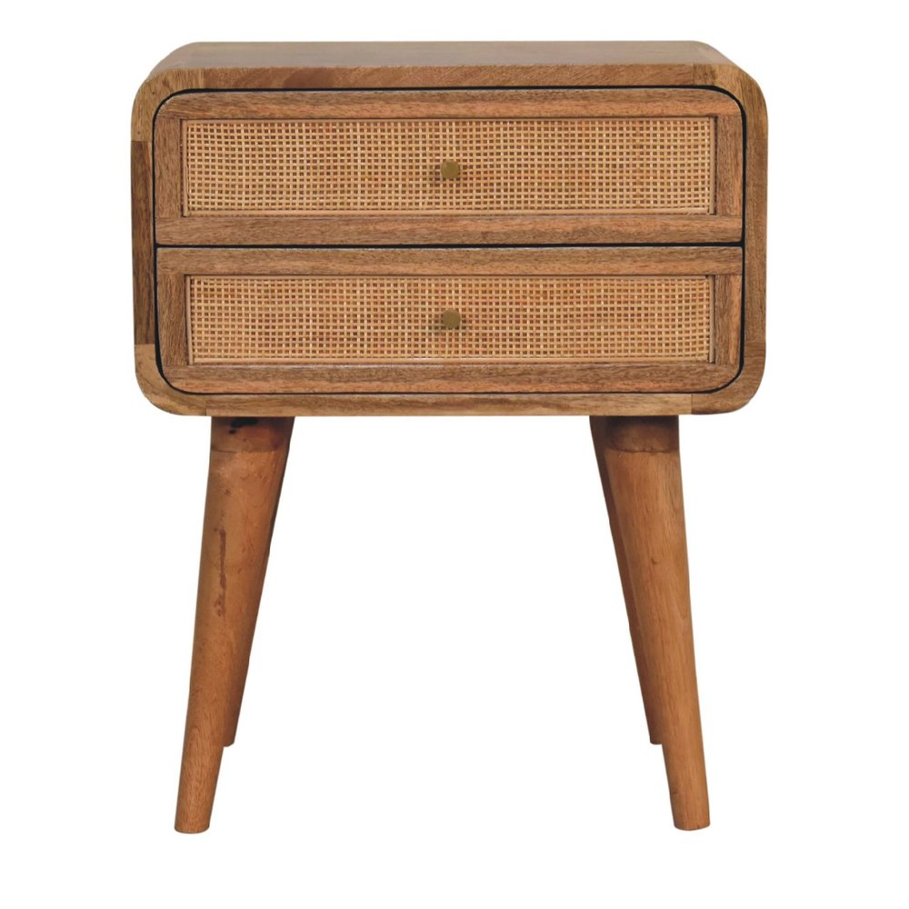 22" Oak Solid Wood And Cane Rattan Two Drawer Nightstand