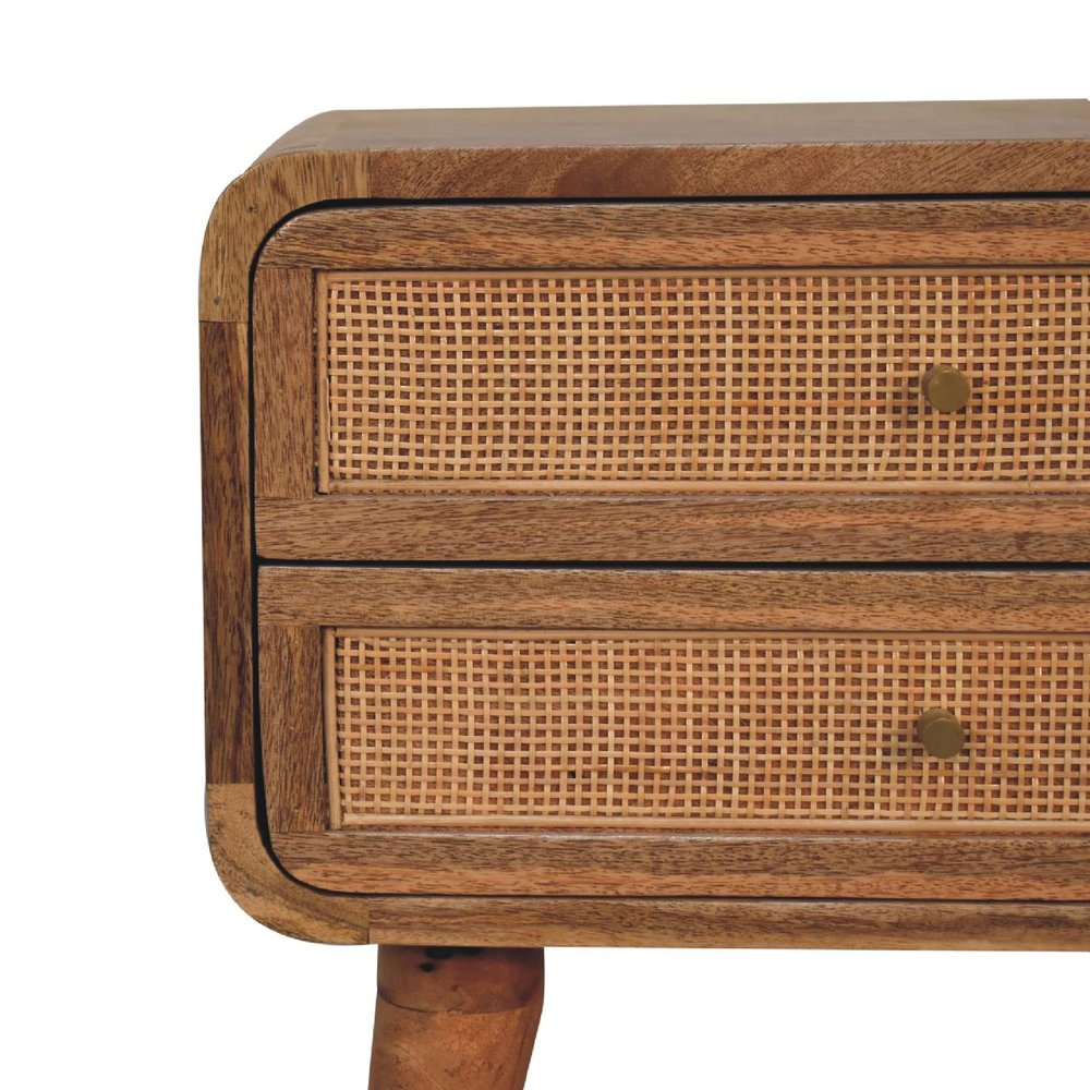 22" Oak Solid Wood And Cane Rattan Two Drawer Nightstand