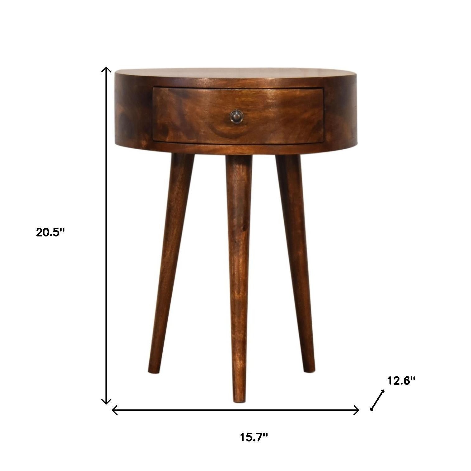 21" Brown Solid Wood Round One Drawer Nightstand