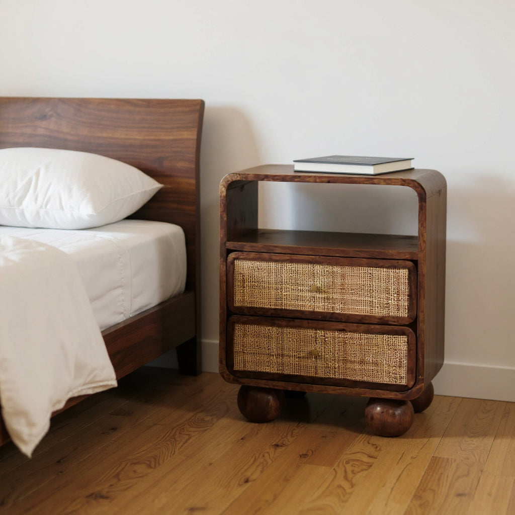 22" Chestnut And Natural Solid Wood Cane Rattan Two Drawer Nightstand