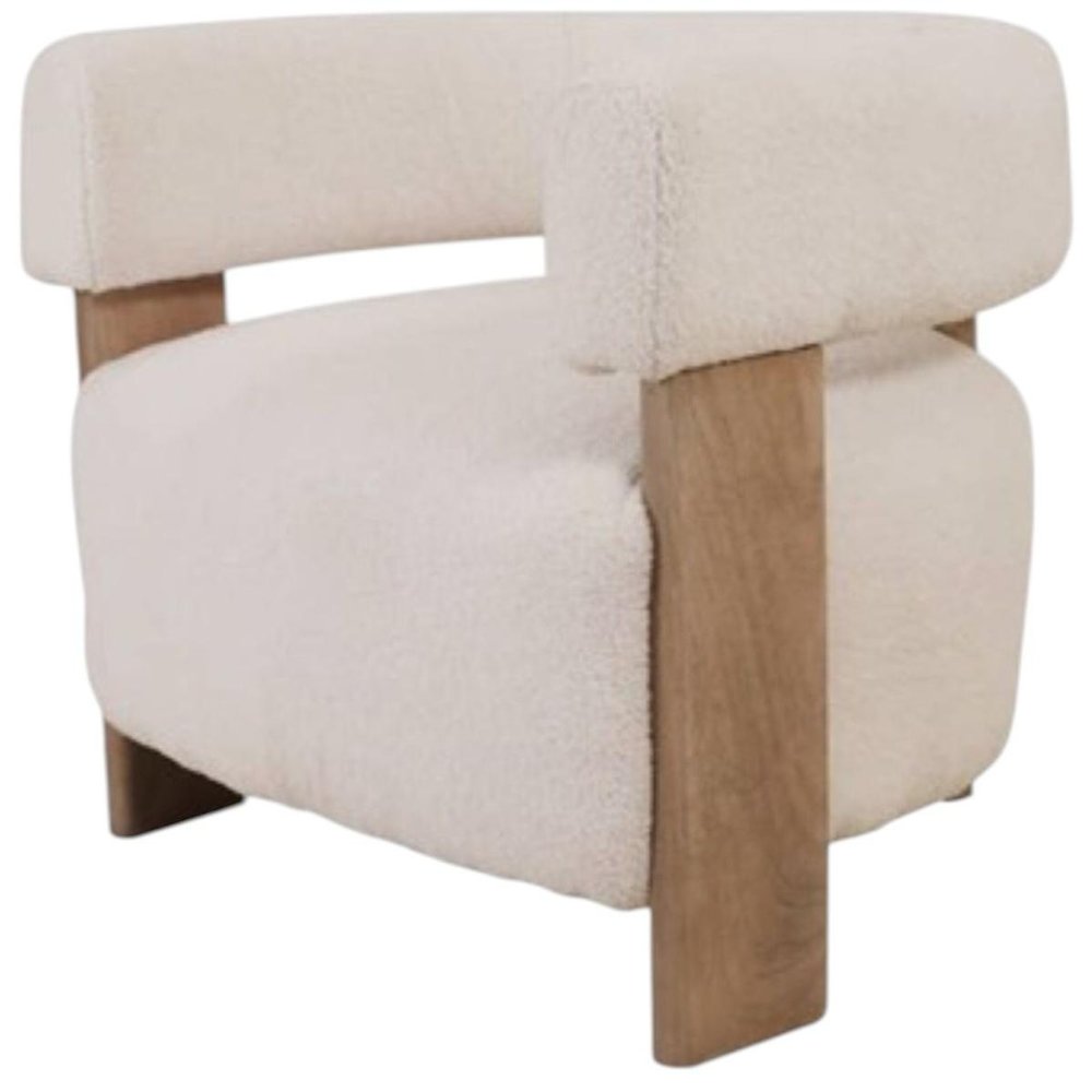 31" White and Brown Boucle and Solid Wood Arm Chair