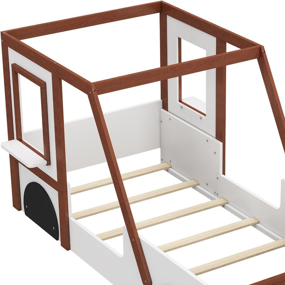 Mahogany and White Wood Twin Race Car Playhouse Bed Frame