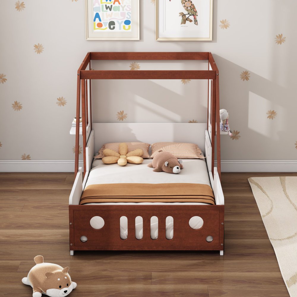 Mahogany and White Wood Twin Race Car Playhouse Bed Frame
