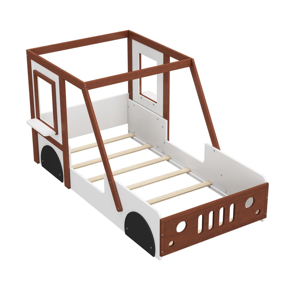 Mahogany and White Wood Twin Race Car Playhouse Bed Frame