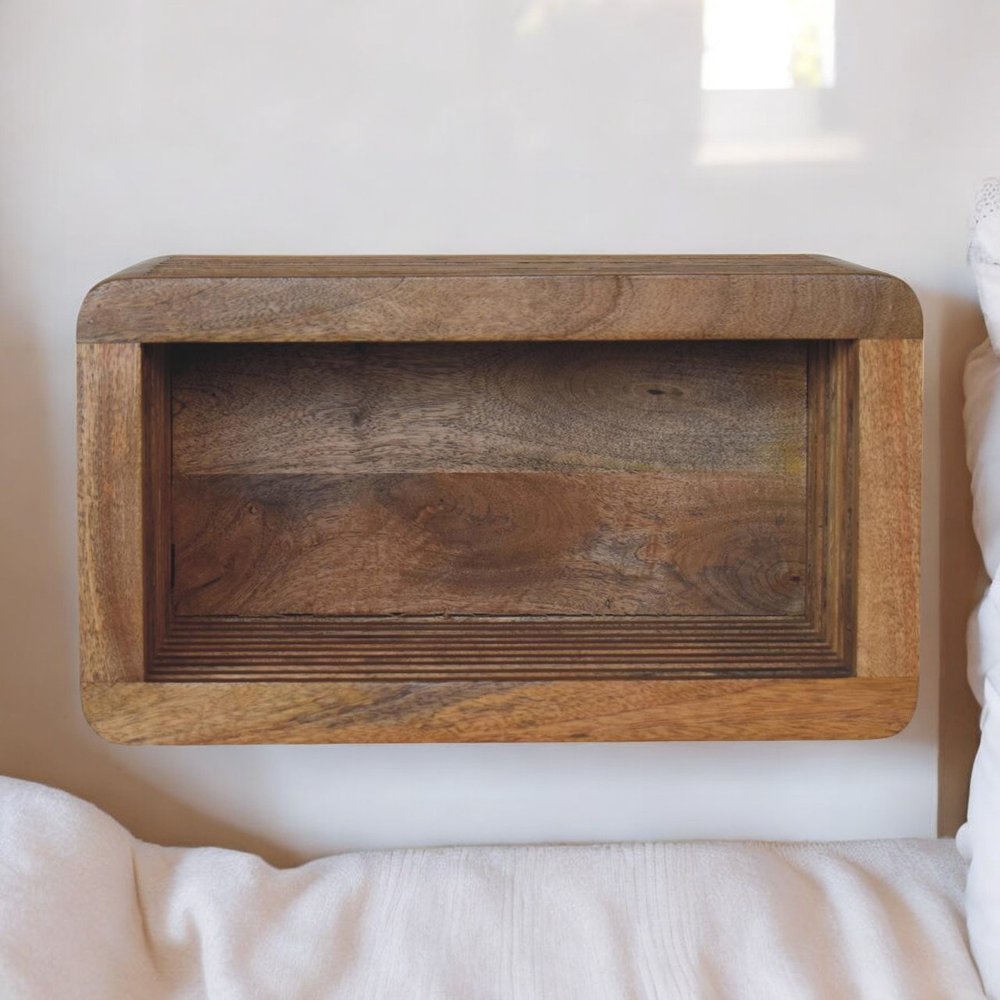 18" Brown Solid Wood Carved Geometric Floating Nightstand