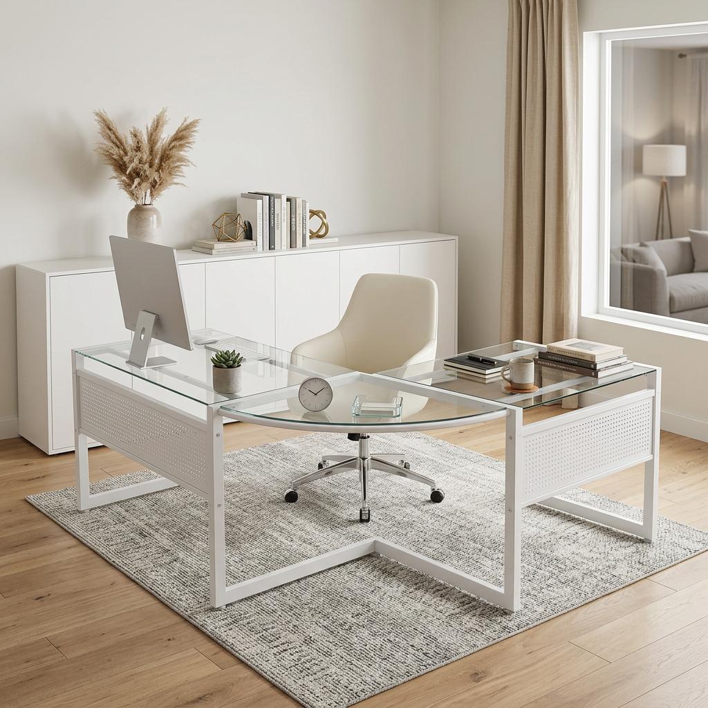 78" Clear and White Glass and Steel Corner Computer Desk