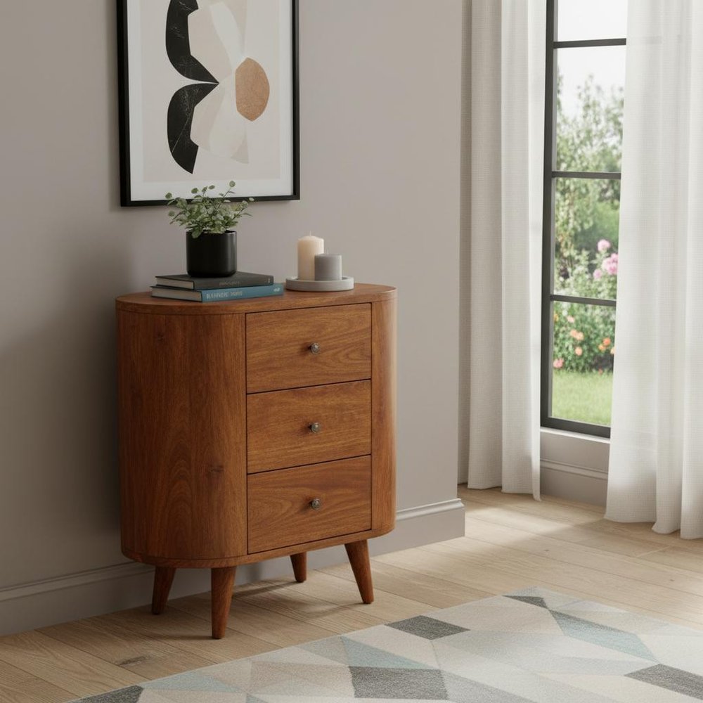 24" Chestnut Solid Wood Round Accent Cabinet With Two Doors And Three Drawers