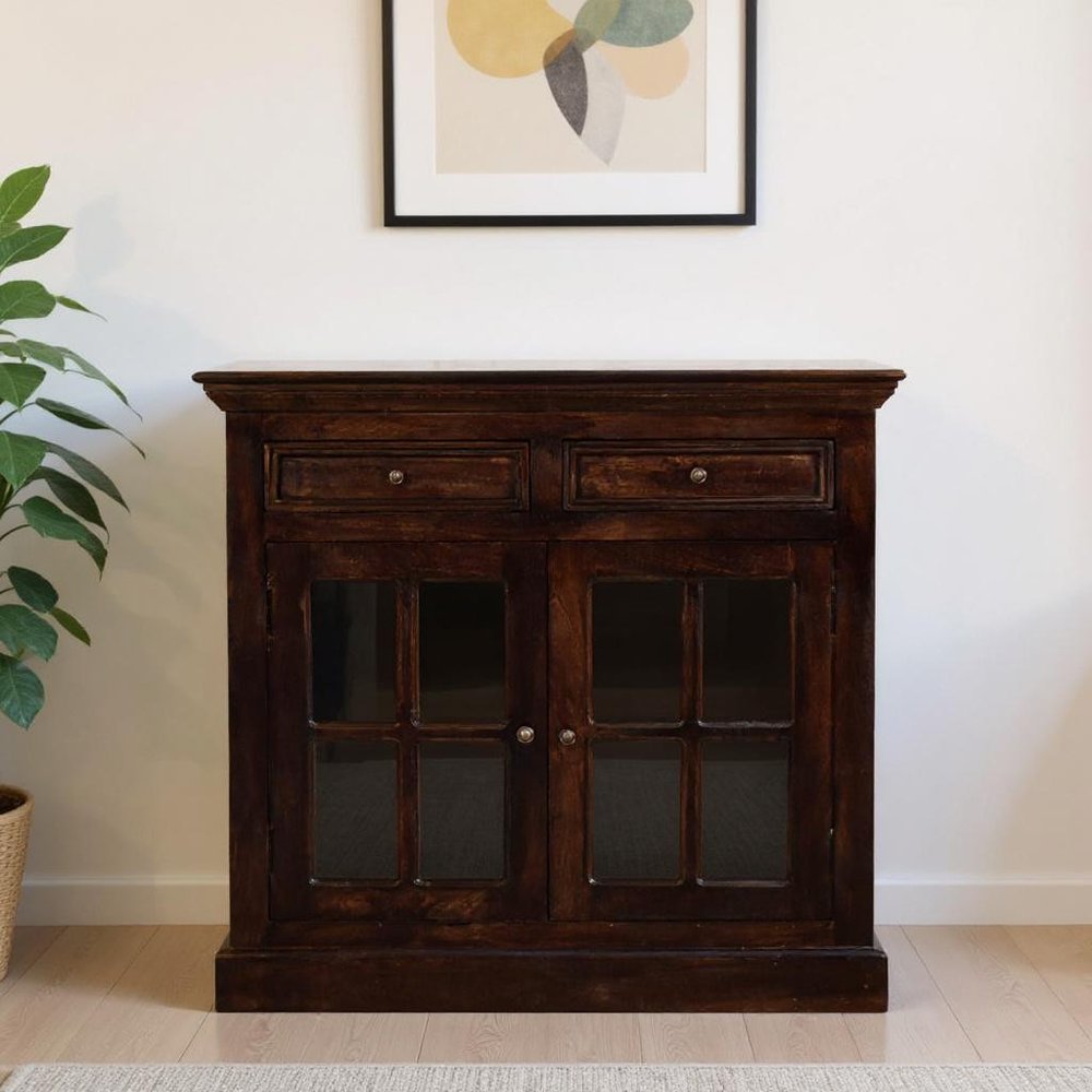 35" Walnut Solid Wood Accent Cabinet With Two Doors And Two Drawers