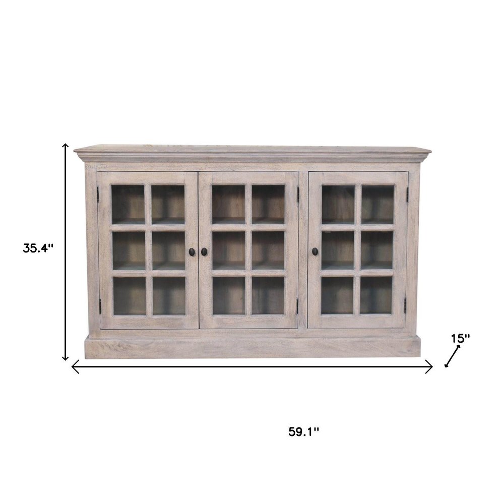 59" Light Gray and Clear Solid Wood Paneled Accent Cabinet With Three Doors