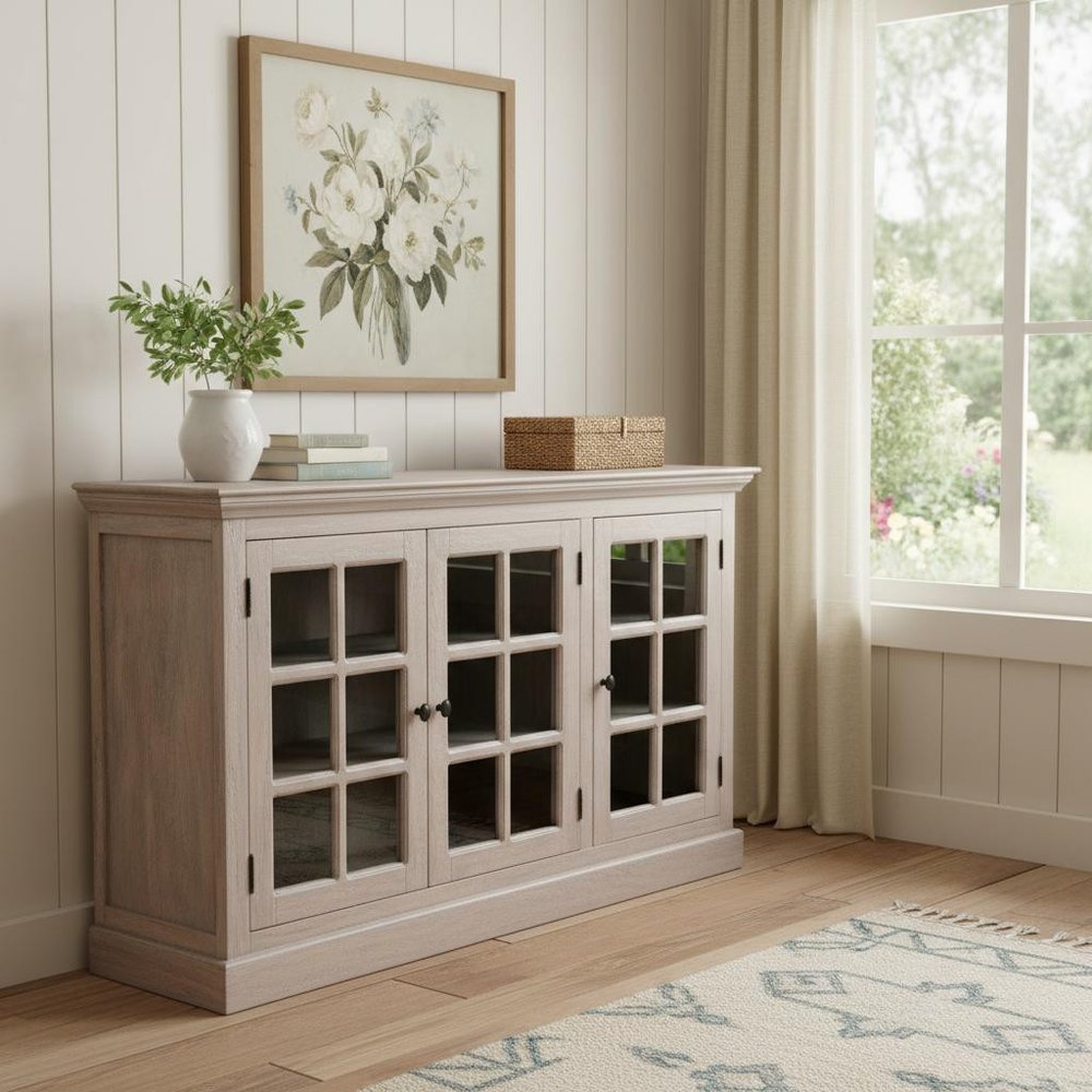 35" Light Gray and Clear Distressed Solid Wood Accent Cabinet With Three Doors