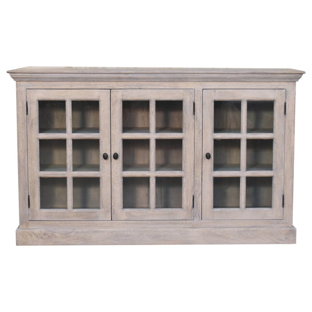 59" Light Gray and Clear Solid Wood Paneled Accent Cabinet With Three Doors