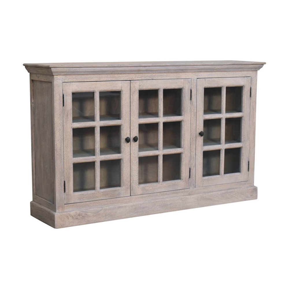 59" Light Gray and Clear Solid Wood Paneled Accent Cabinet With Three Doors