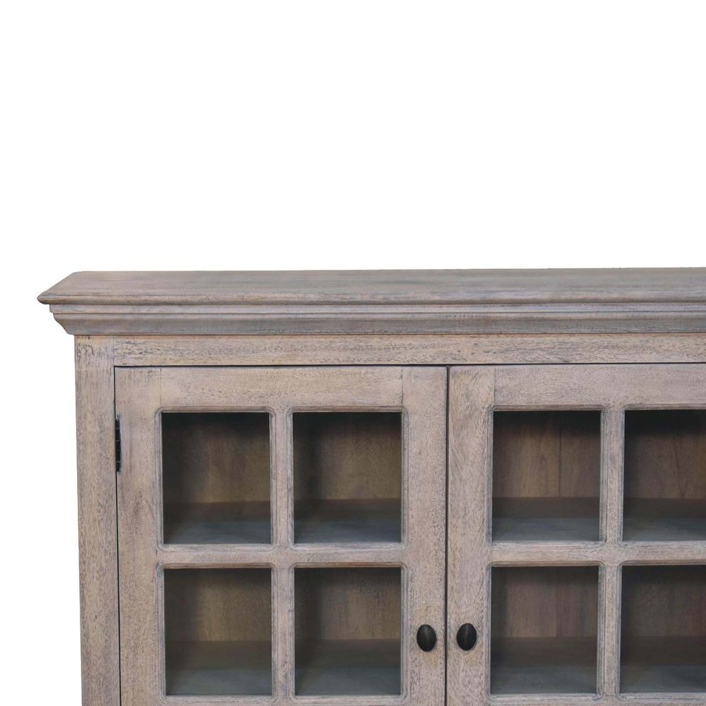 59" Light Gray and Clear Solid Wood Paneled Accent Cabinet With Three Doors