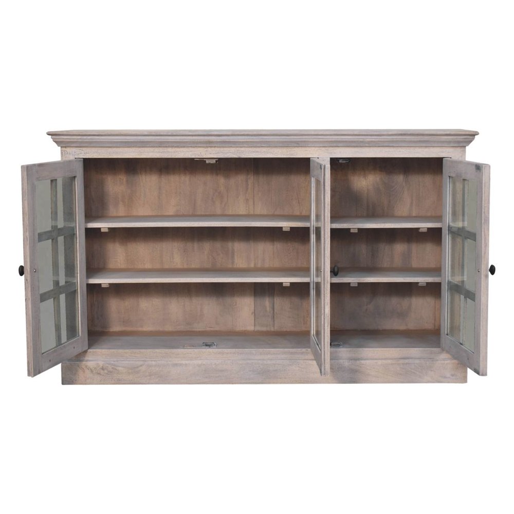 59" Light Gray and Clear Solid Wood Paneled Accent Cabinet With Three Doors