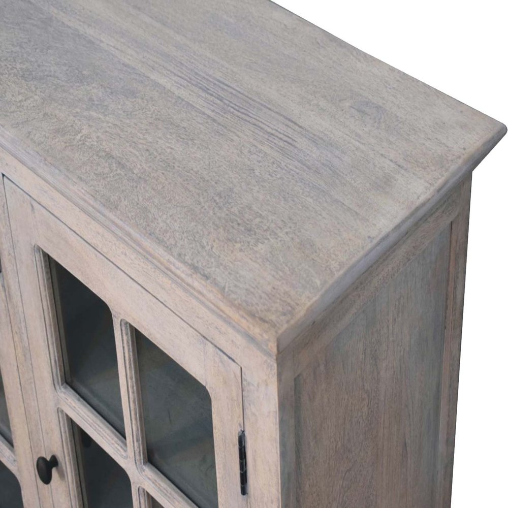 59" Light Gray and Clear Solid Wood Paneled Accent Cabinet With Three Doors