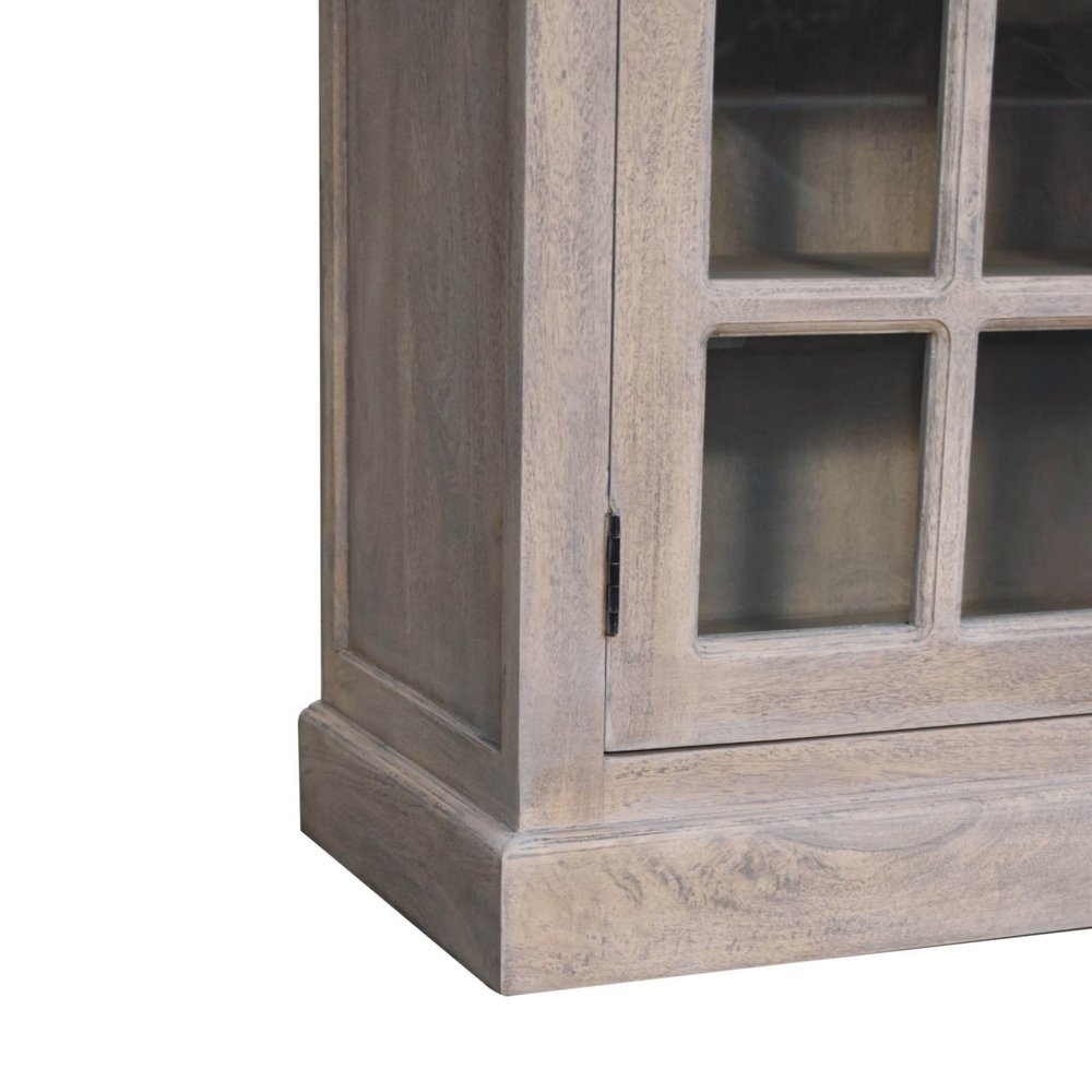 59" Light Gray and Clear Solid Wood Paneled Accent Cabinet With Three Doors
