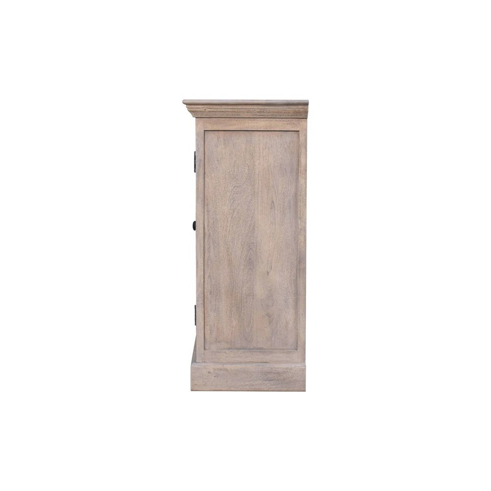 59" Light Gray and Clear Solid Wood Paneled Accent Cabinet With Three Doors